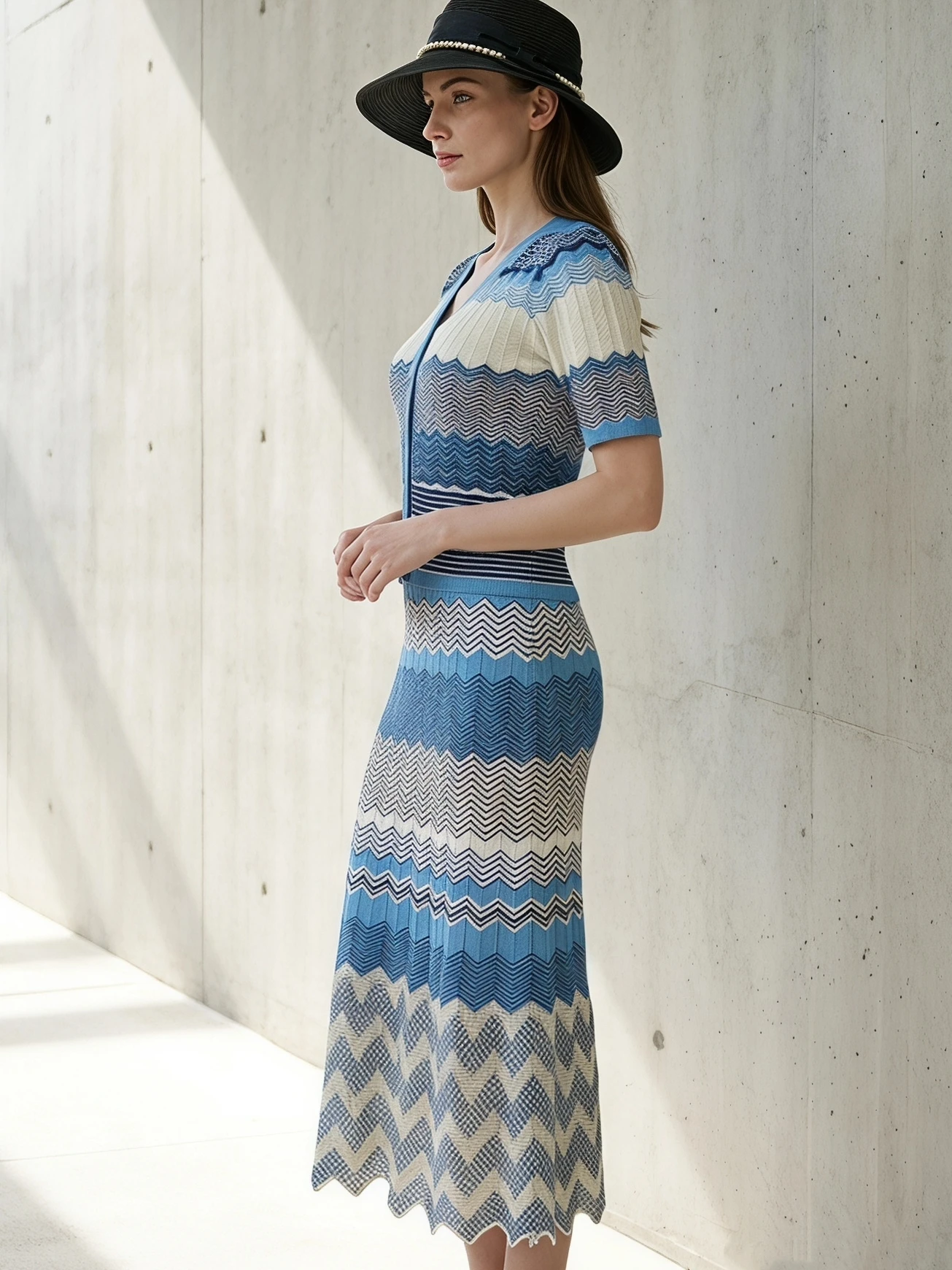 Zigzag Luxusmarken-Design Blaues Elegantes 2-Teiliges Strickkleid-Set für Damen Zig Zag Arabisch Europäisch Beliebte Urlaubs-Strandkleidung – Detail 11