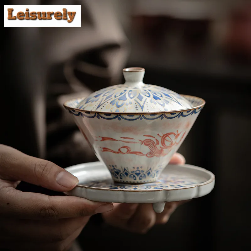 150ml Chinese Dunhuang Apsaras Pattern Gaiwan Creative Ru Kiln Bamboo Hat Tea Tureen Tea Brewing Cover Bowl Cafes Ornaments