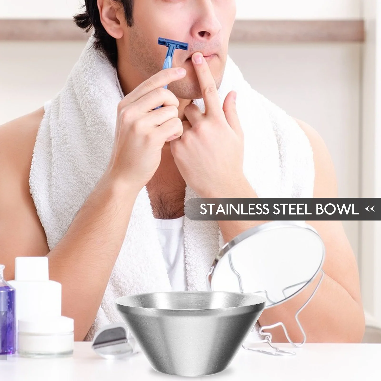 Cuenco de afeitar grande de acero inoxidable, Base estable, superficie lisa segura, perfecto para hombres, suministros de afeitado, taza de afeitar para el hogar reutilizable