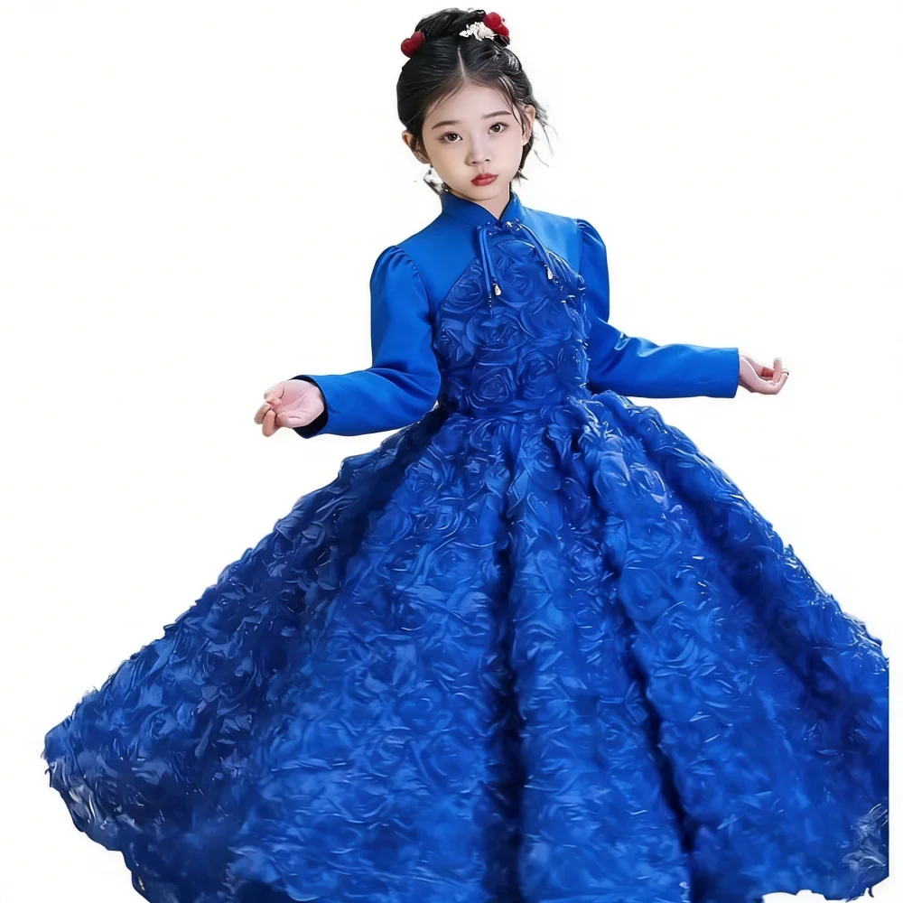 Kids Girls Burgundy Long Sleeve Vintage Party Dress ChildrenWedding Evening Formal Wear Floral Princess Gown Birthday Pageant