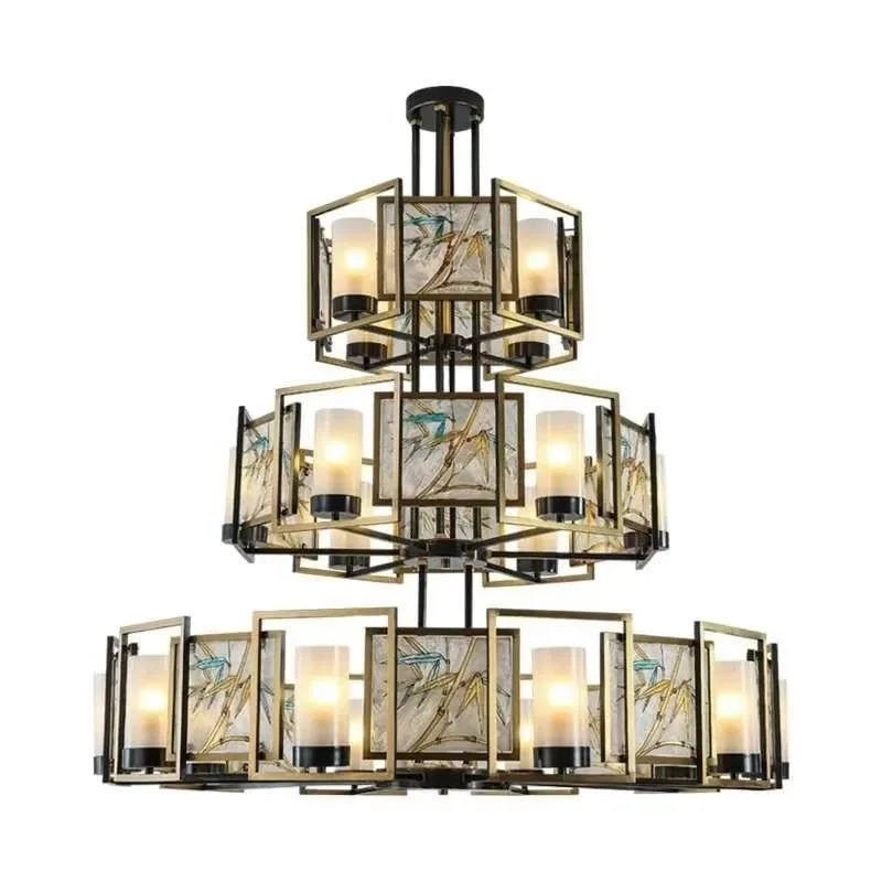 New Chinese Style Enamel Square Chandelier Retro Ceiling Light for Living Room Bedroom Dining Room Home Decor