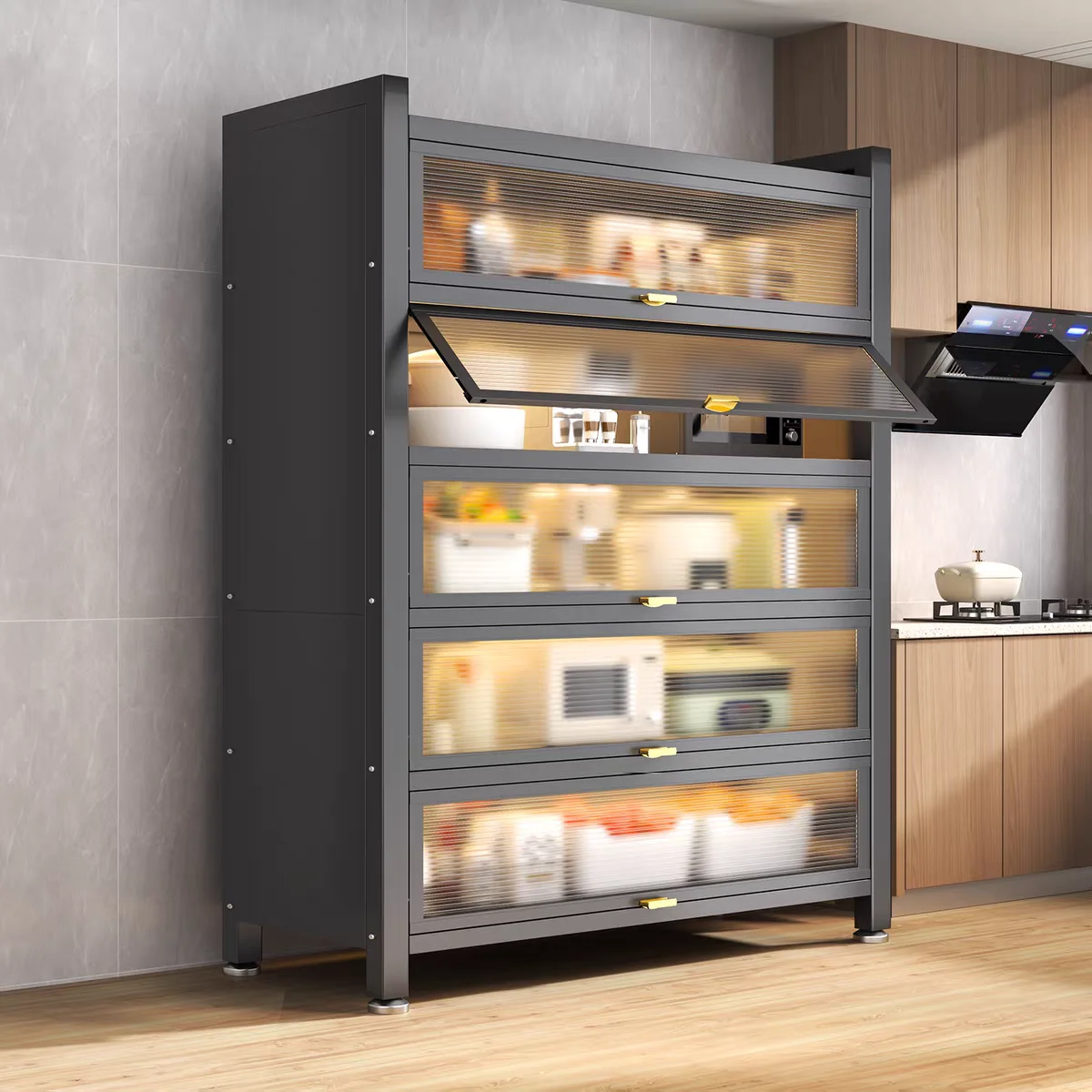 

5-layer Drain Rack Metal Kitchen Storage Shelf Drawer Pull Out With Drawers Storage Cabinet for Pots Pans Air Fryer