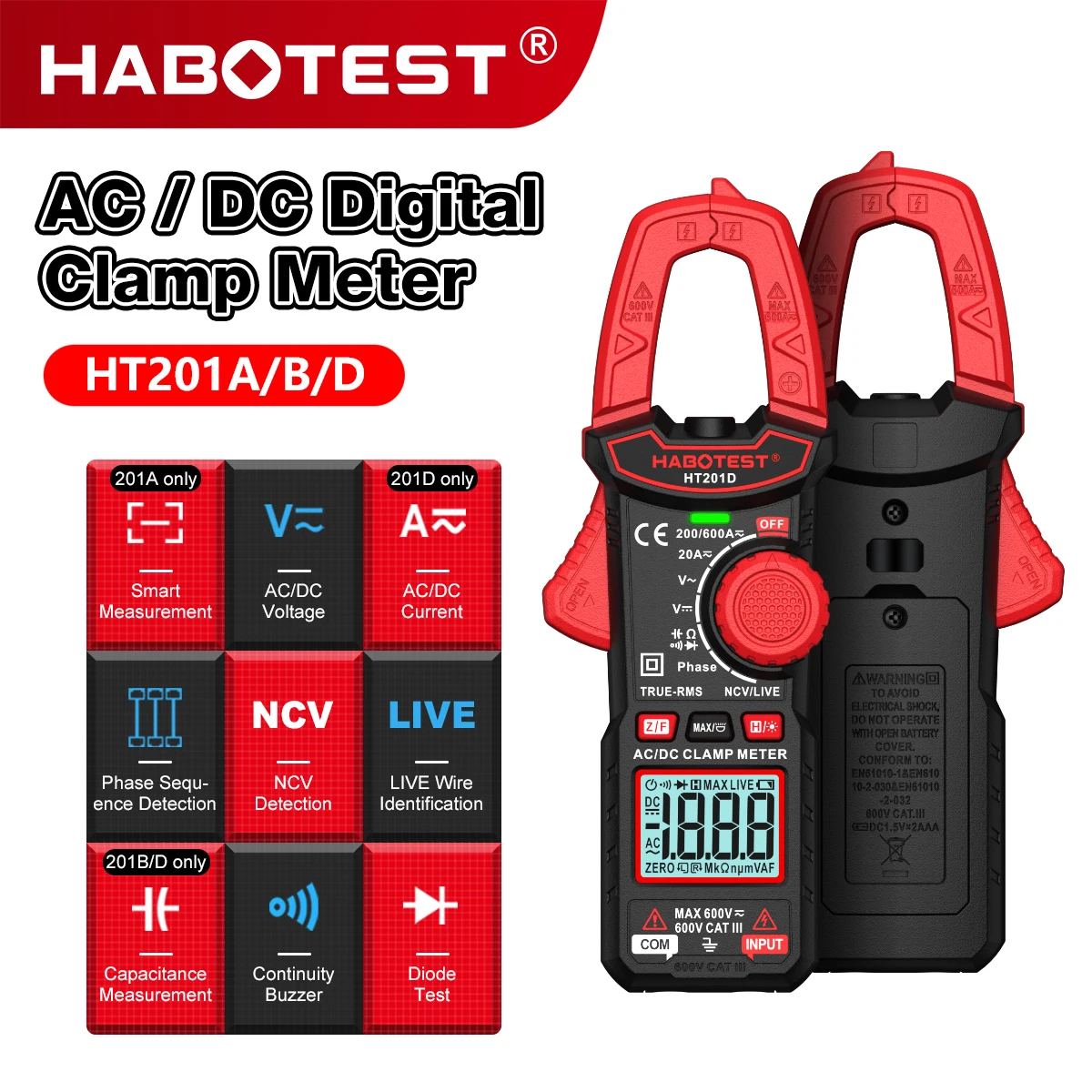 HABOTEST HT201 Series 2000 Counts True RMS AC/DC Digital Clamp MeterSmart Anti-Burn Multimeter Ammeter Voltage Tester Car Amp