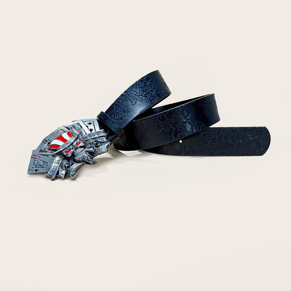 اكسسوارات القوطية حزام جلد PU للرجال والنساء الجمجمة مشبك هالوين تأثيري الديكور الأزهار محفورة حزام للجينز #6