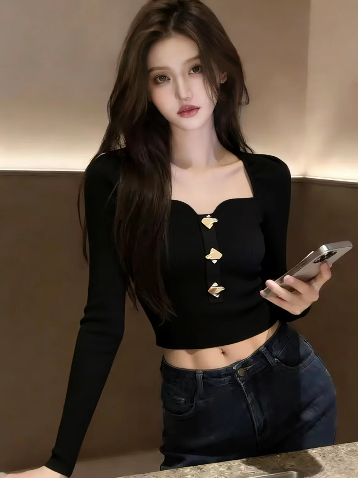 

Slim Fit Long Sleeve Knitted Shirt Korean Style Square Collar Short Top for Women Self Kept Model Hot Trendy Girl Summer 2026
