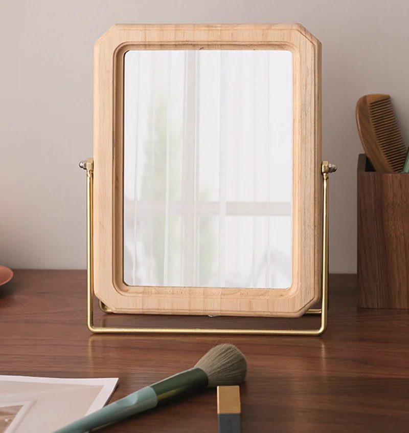 Minimalist Desktop Vanity Mirror - Reversible Wooden Makeup Mirror with Flip Design, Retro Style for Bedroom & Dressing Table