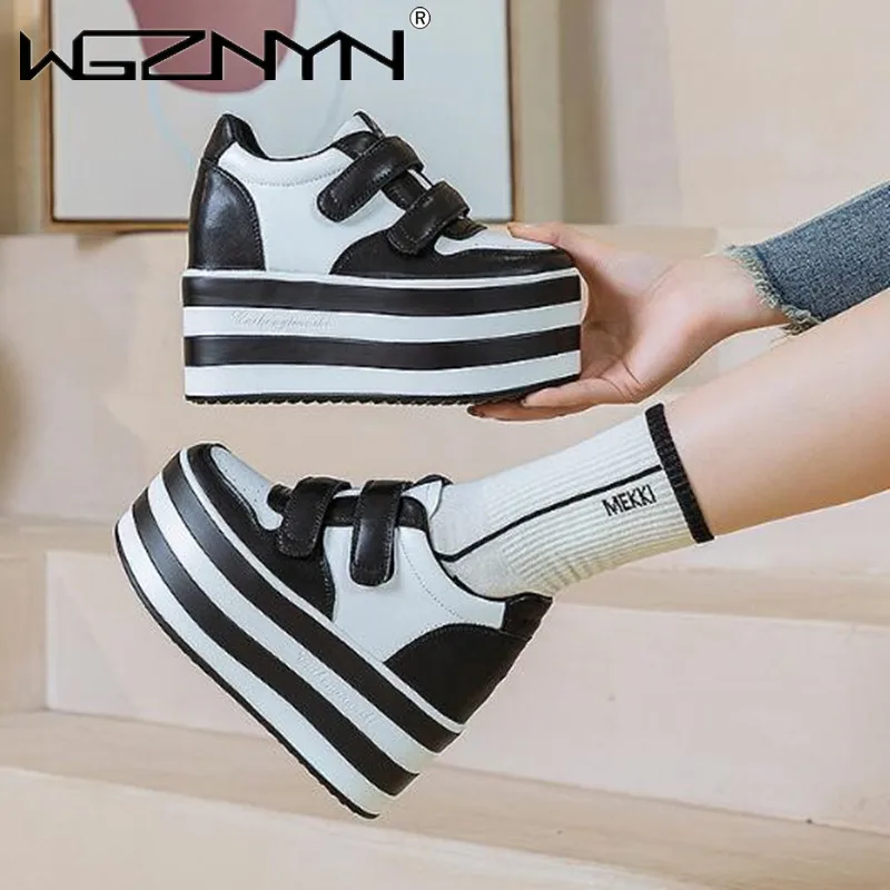 

High quality Synthetic Genuine Leather Boot Ankle Women Autumn Spring Cowboy 12cm Platform Wedge High Brand Chunky Sneaker Shoes