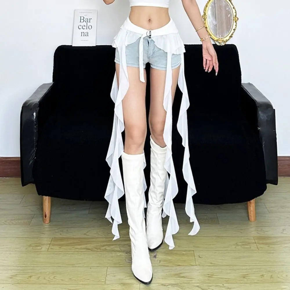 

Fashion Irregular Ruffles Belts for Women Adjustable Buckle Long Tassel Hip Curtain Waistband Y2K Sexy Mini Skirt Streetwear