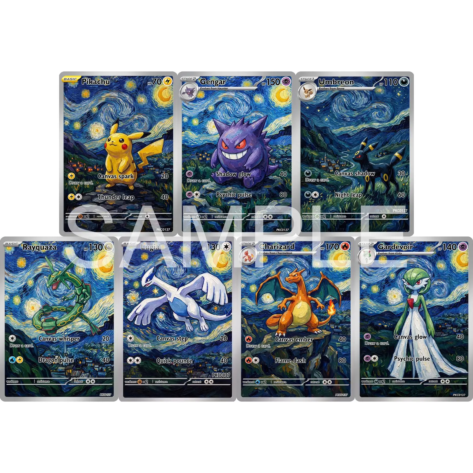 7Pcs PKM Cards PTCG Post Impressionist Oil Painting Style Gengar Umbreon Rayquaza Lugia Charizard Gardevoir Art Set Cards PTCG