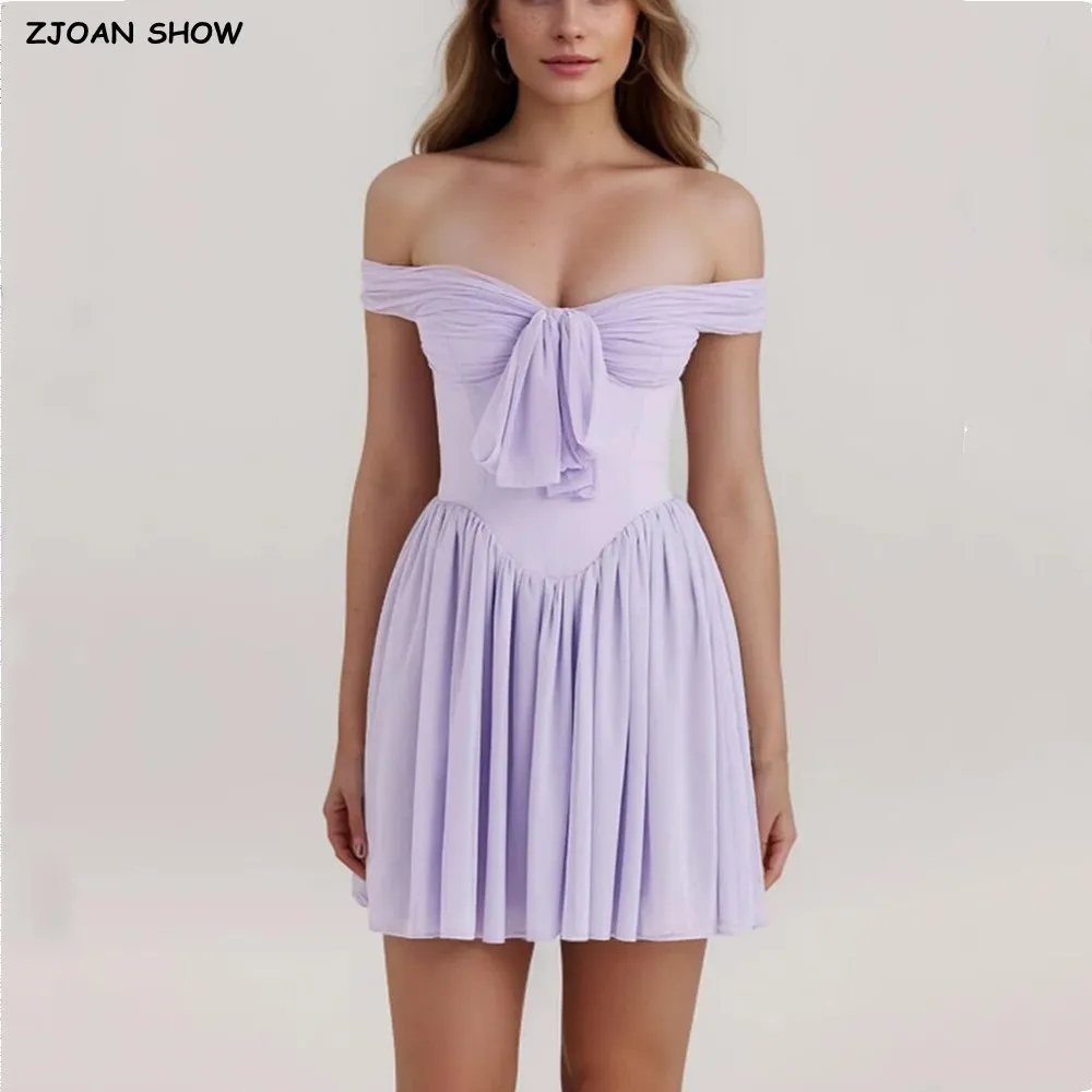 

2024 Sexy Mesh Tie Bow V neck Off Shoulder Mini Dress Women Short Sleeve Low Waist Ruched Hem Ball Gown Swing Mini Robe Party