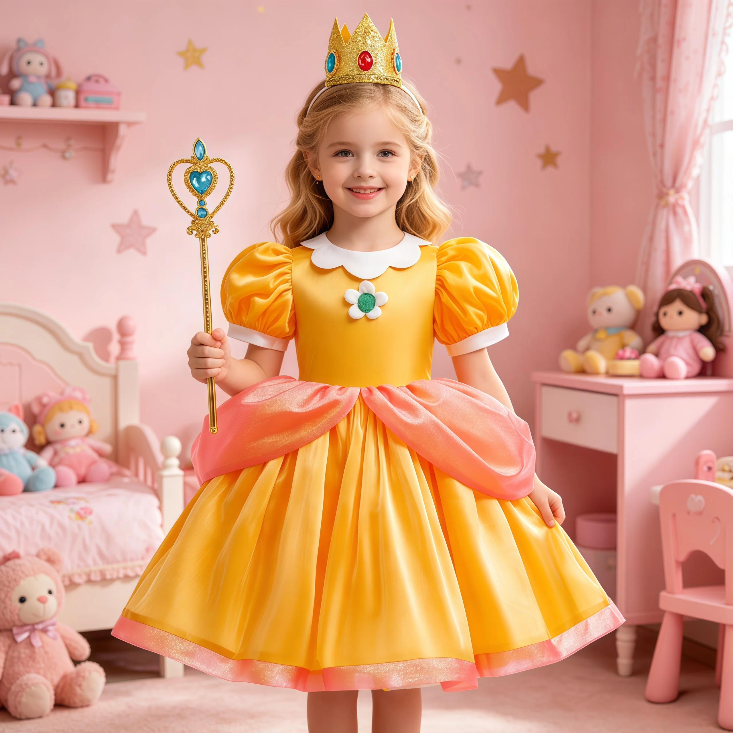 Kids Girls Peach Princess Dress With Crown Magic Stick For Children's Birthday Carnival Party Dress Performance Cosplay Costume