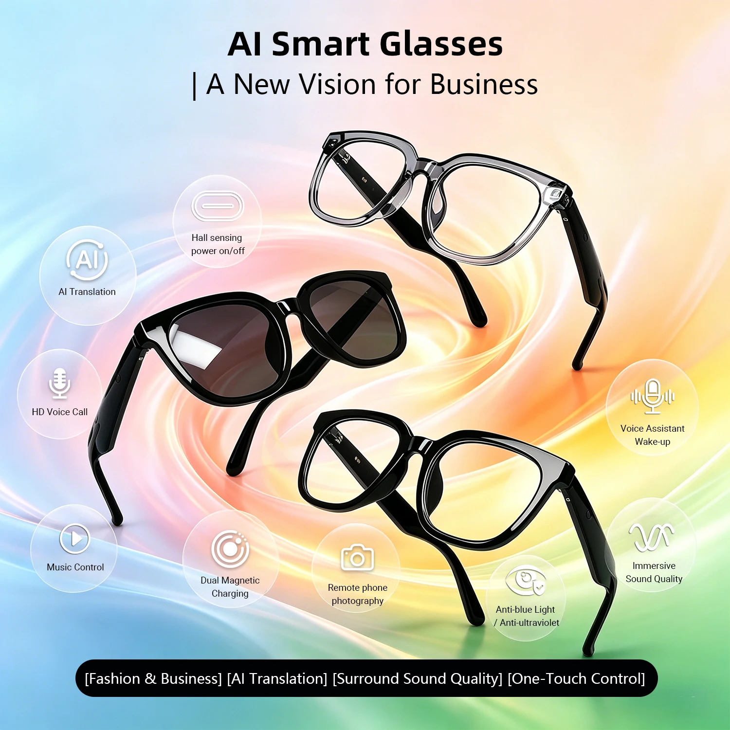 AI Translation Smart Glasses Hall Sensor Auto Power Bluetooth Call Anti‑Blue Light UV Protection for Travel Driving Business