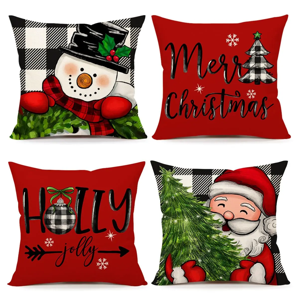 

Christmas Pillow Covers Set of 4 Buffalo Check Farmhouse Xmas Snowman Santa Claus Holly Jolly Winter Holiday Decor Throw Case