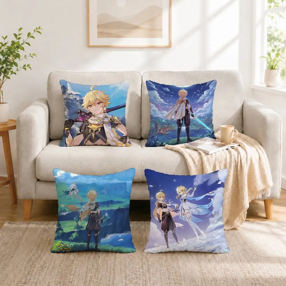 

Game Genshin Impact Traveler Aether Square Double-Sided printed Pillow Case Bedroom Bedside Pillow Sofa Cushion Cover Gift