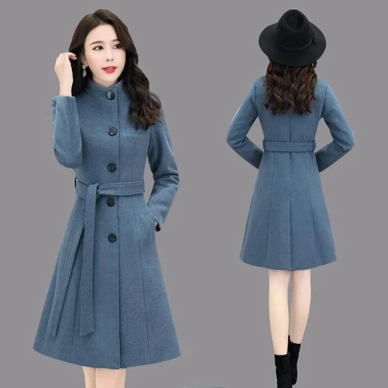 

Autumn Winter Jacket Women's Woolen Coat New Korean Stand Collar Slim Wool Basic Coat Female Outerwear Tops C1746