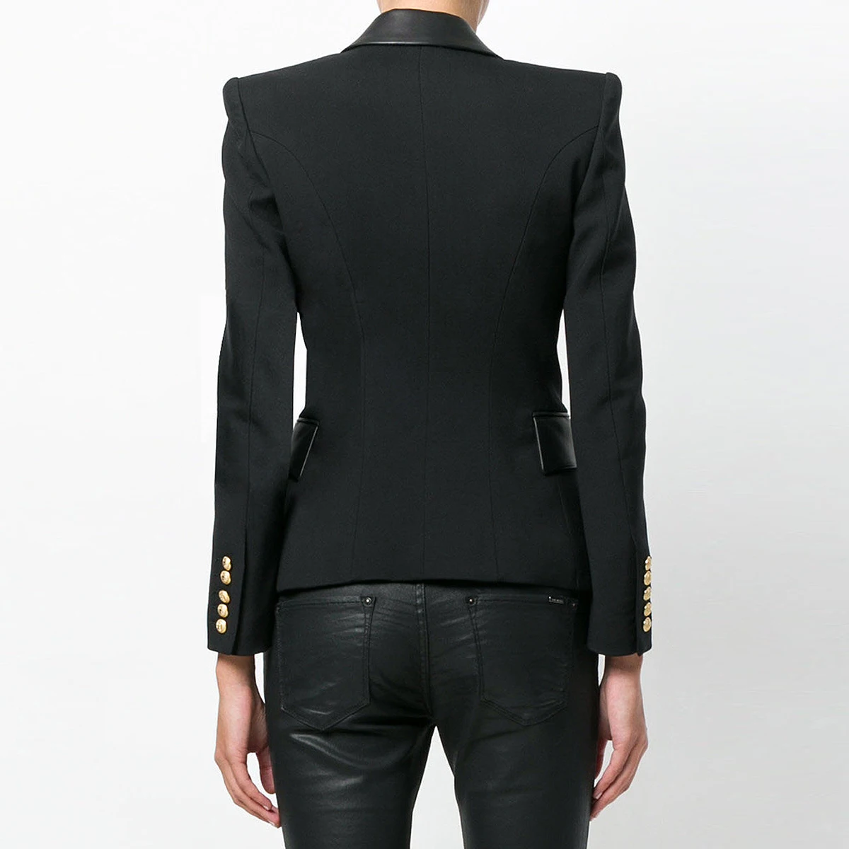 Spring And Autumn New Fashionable Commuter Splicing Pu Leather Slimming Long Sleeve Collar Double Breasted Women's Suit Coat