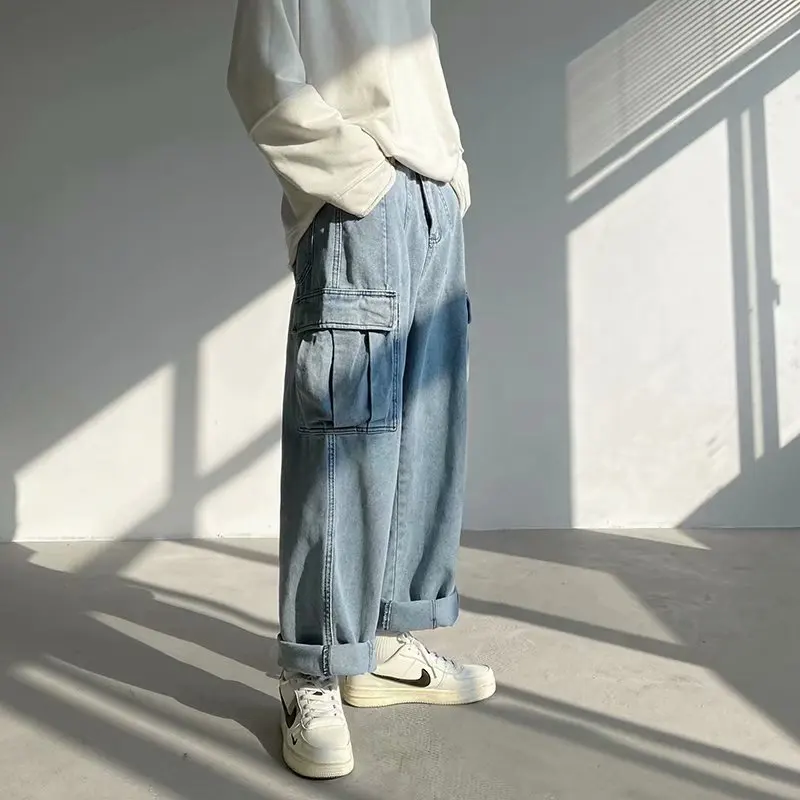 Men's Straight Big Pocket Wide Leg Baggy Jeans Fashion Men Floor Length Streetwear Loose Denim Jogger Pants Jeans For Men