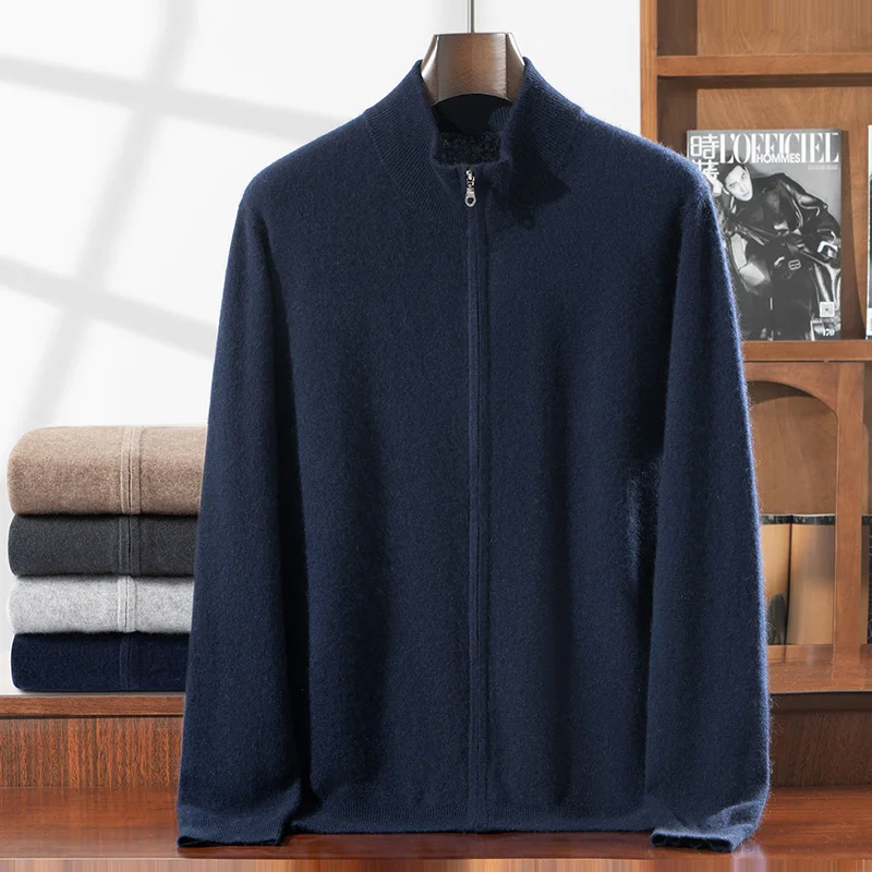 Autumn/Winter 100% Cashmere Men's Cardigan Casual Solid Color Knitted Jacket Stand up Collar Zipper Sweater Pocket