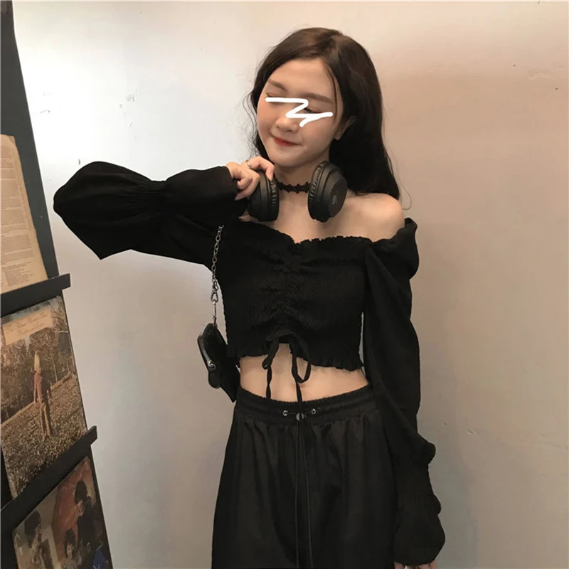 Cropped Slash Neck Shirts Women Streetwear Black Shirring Long Sleeve Blouses Summer Korean Elegant Sexy Off Shoulder Crop Tops