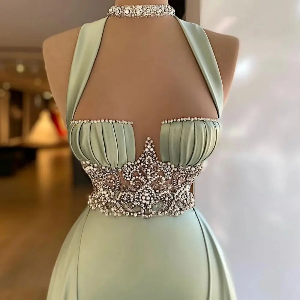 Elegante cetim cristais vestidos de noite halter longo destacável sleevles querida beadings cetim feito sob encomenda meninas vestido pageant