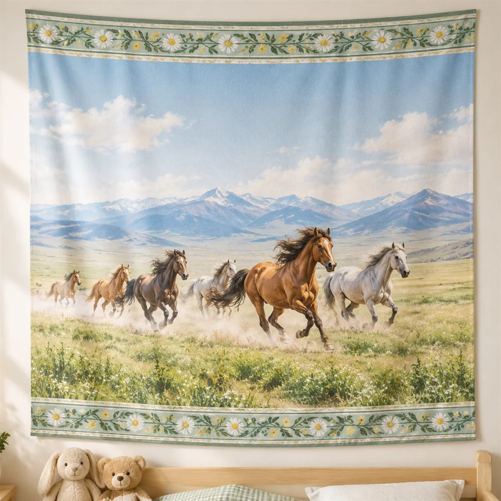 VIKAMA Wild Horses Meadow Tapestry Wall Hanging, Aesthetic Country Room Decor Tapestries for Kitchen Dining Room Living Room