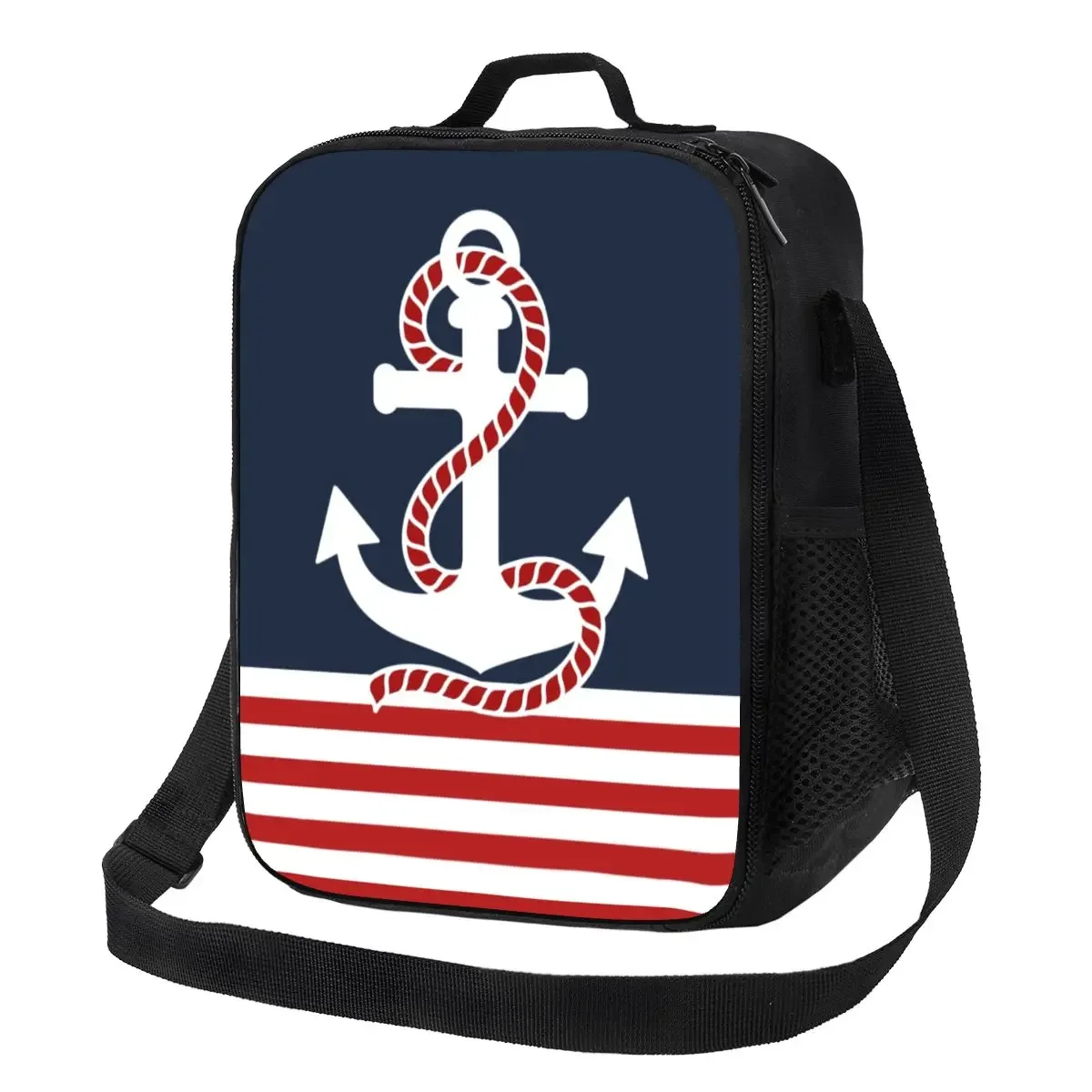 Custom Nautical Stripes And Red Anchor Insulated Lunch Bag for Women Sailor Thermal Cooler Bento Box Beach Camping Travel