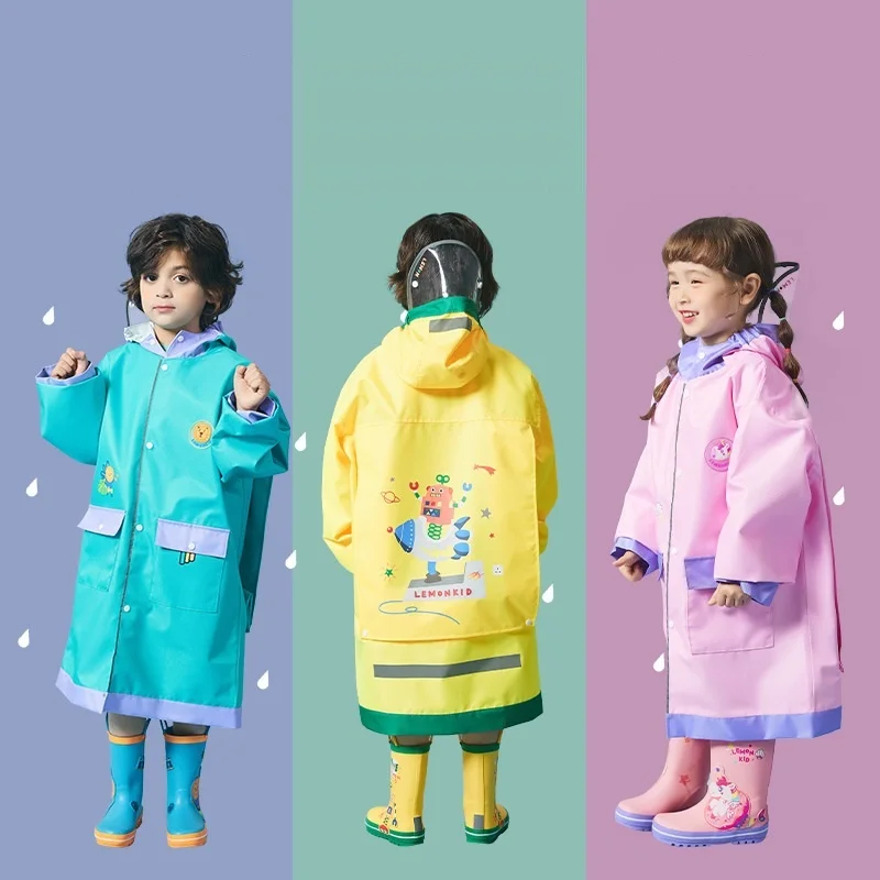 

Girls Boys Rain Coat School Oxford Stormforce Kids Poncho Schoolbag Space 2-Brims Hooded Children Raincoat Reflector 3-16Years