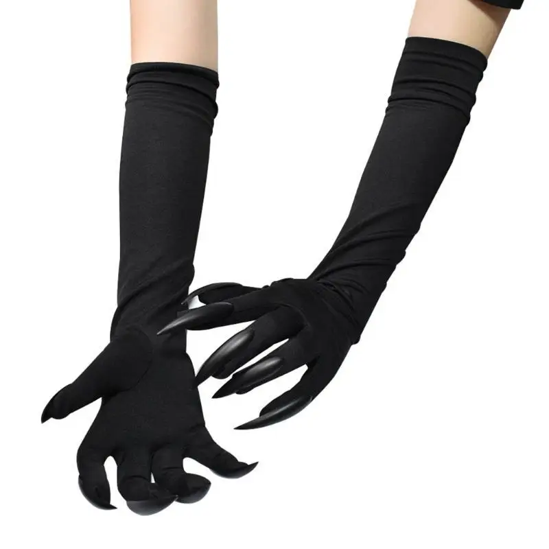 

R1WE Cosplay Gloves Long Fingernail Sleeves Stretchy Claw Sleeves Halloween Mittens Elbow Length Arm Covers Gloves