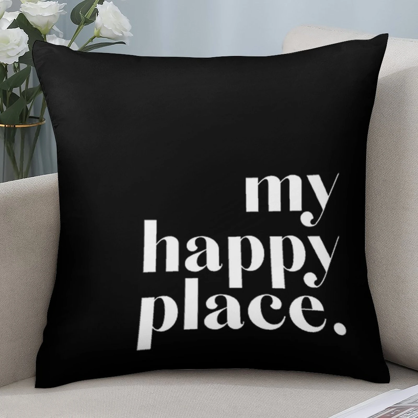 1pc My Happy Place Quote Pillow Cover, Polyester 2D Double Sided Print Cushion Case, Inspirational Text Throw Pillowcase, Motiva