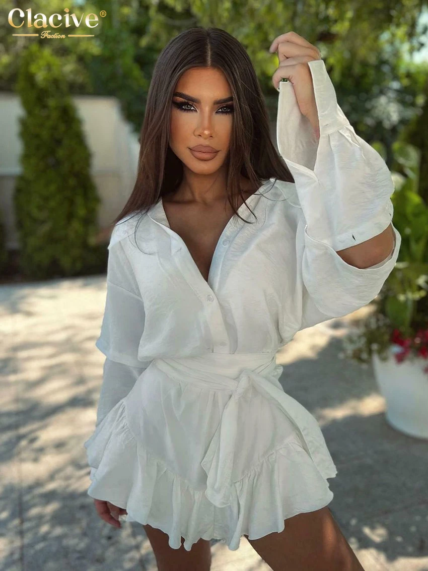 Clacive Casual Loose White 2 Piece Sets Women Outfit 2024 Fashion Long Sleeve Shirt With High Waist Pleated Mini Skirts Set