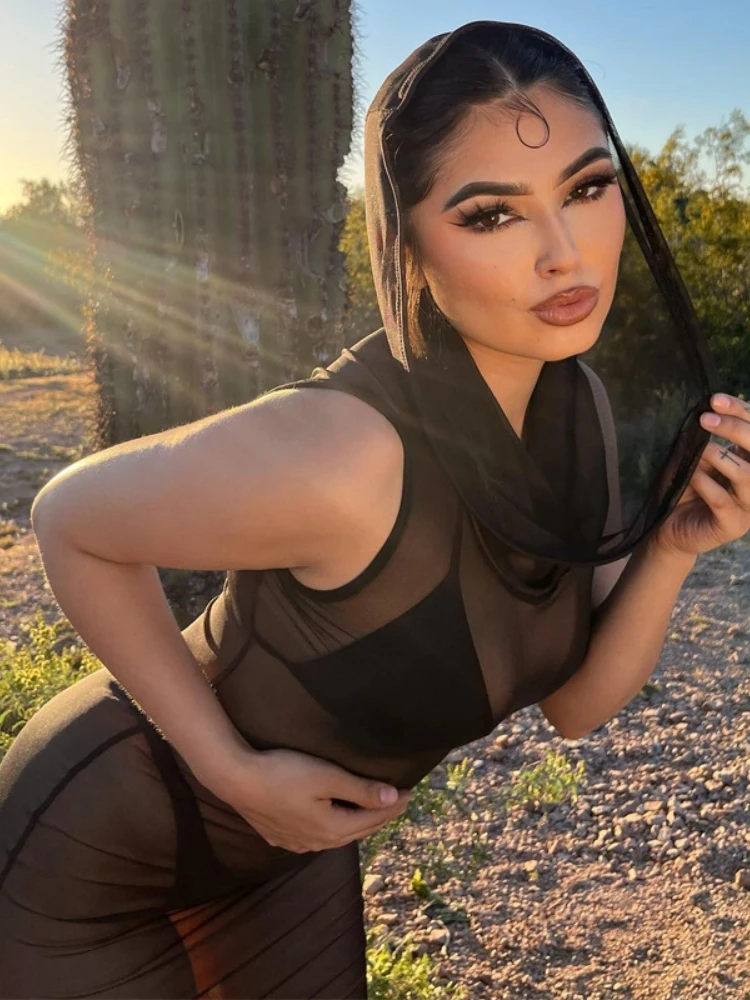 フード付きロングドレス レディース ビーチカバーアップ シースルーメッシュワンピース ノースリーブワンピース Y2Kファッション ブラックローブ