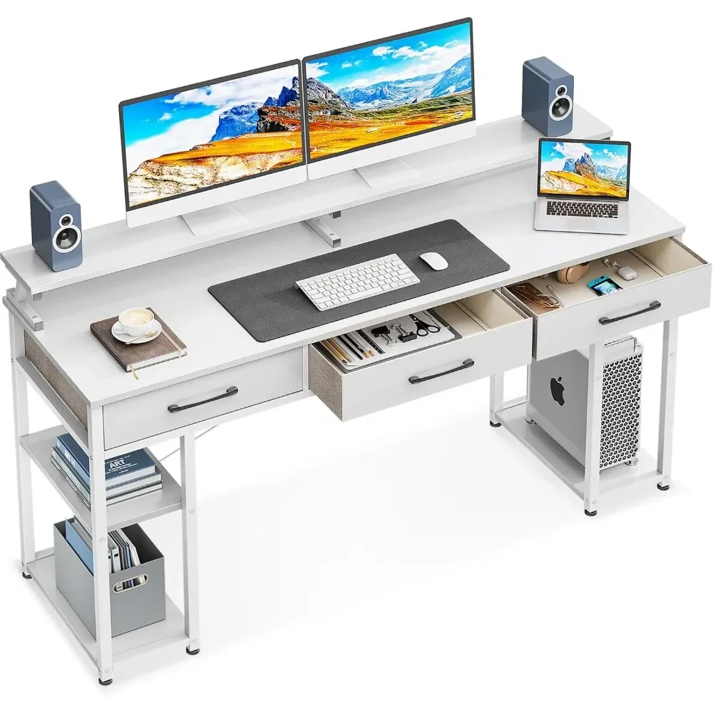 

Computer Desk with Drawers and Storage Shelves, 63 inch Home Office Desk with Monitor Stand, Modern Work Study Writing Table