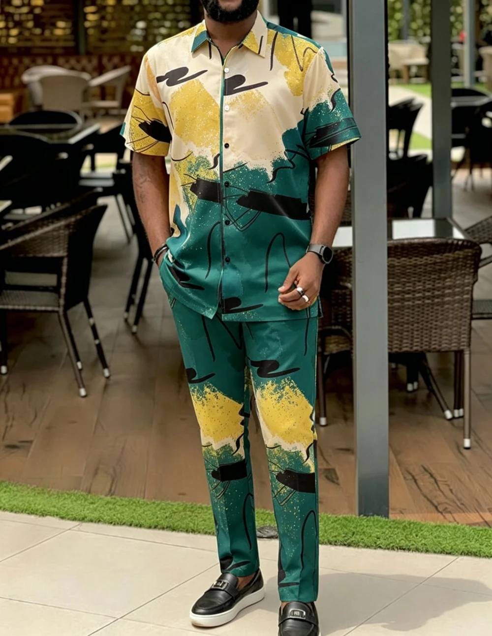 2026 Charming Men's Short-Sleeve Shirt 2-Piece Set with Color Block Print, Hawaiian Vacation Outdoor Party Casual Gift for Men