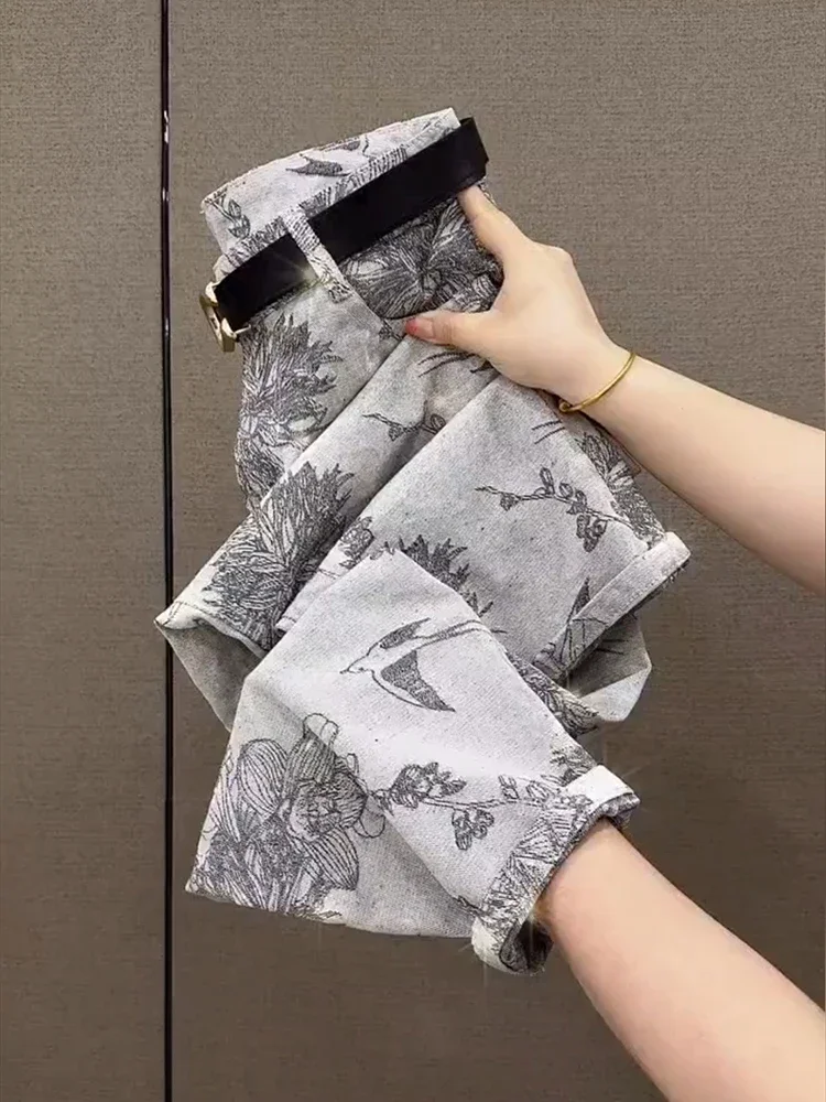 

2025 Summer New Chinese Style Printed and Dyeing Casual Pants Women Fashionable and Skinny Printed Nine Point Haren Pants