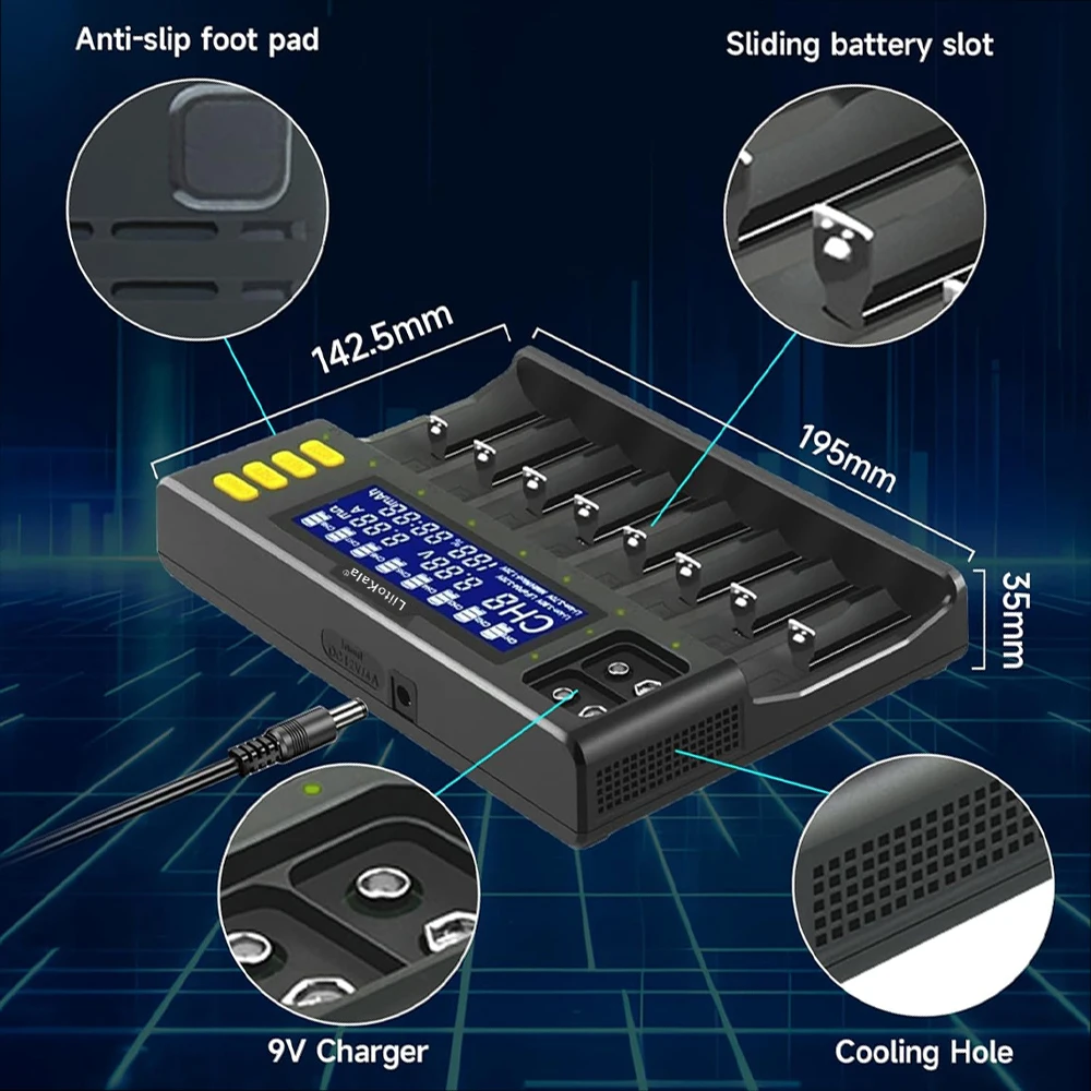 Liitokala Lii-S8 شاحن بطارية عالمي لـ NiMH/CD ليثيوم قابل لإعادة الشحن AAA 1.2 فولت 3.7 فولت 9 فولت متوافق مع 14500 17500 26650