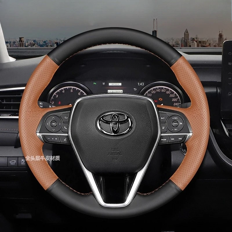 

Для Toyota Avalon Camry Crown RAV4 2018-2022 ручная прошивка черный коричневый чехол на руль автомобиля из натуральной кожи