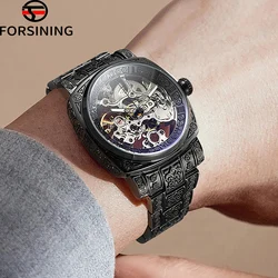 FORSINING Luxury Square Hollow Skeleton Mechanical Men Watch Automatic Movement Clock Stainless Steel Strip Male Vintage Watches