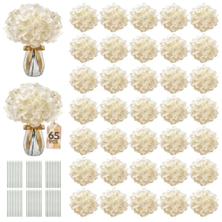 

65PCS Champagne Artificial Hydrangea Flowers with Bendable Stems Premium Silk Bulk for DIY Wedding Arches Baby Showers Large Ev