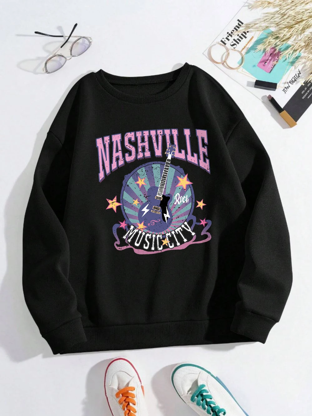 Street Woman Pullover Nashville Music Cith Poster Printing Hoodie Crewneck Loose Fleece Soft Sweatshirt Autumn Female Clothes