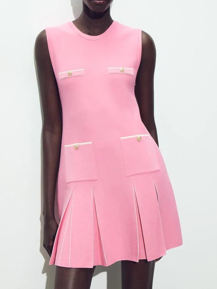 ヨーロッパとアメリカンスタイルの夏の新製品婦人服多用途ワイドプリーツニットノースリーブラウンドネックドレス