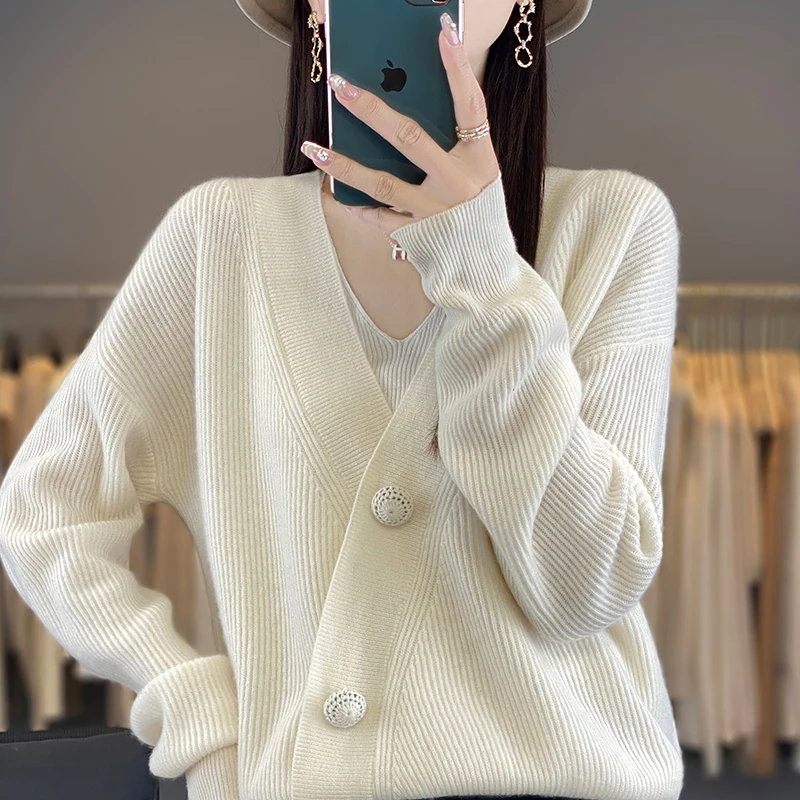 

2024 Autumn/Winter New 100% Pure Wool Jacket Knitted Sweater For External Wearing, Casual Loose Top Knitted Cardigan