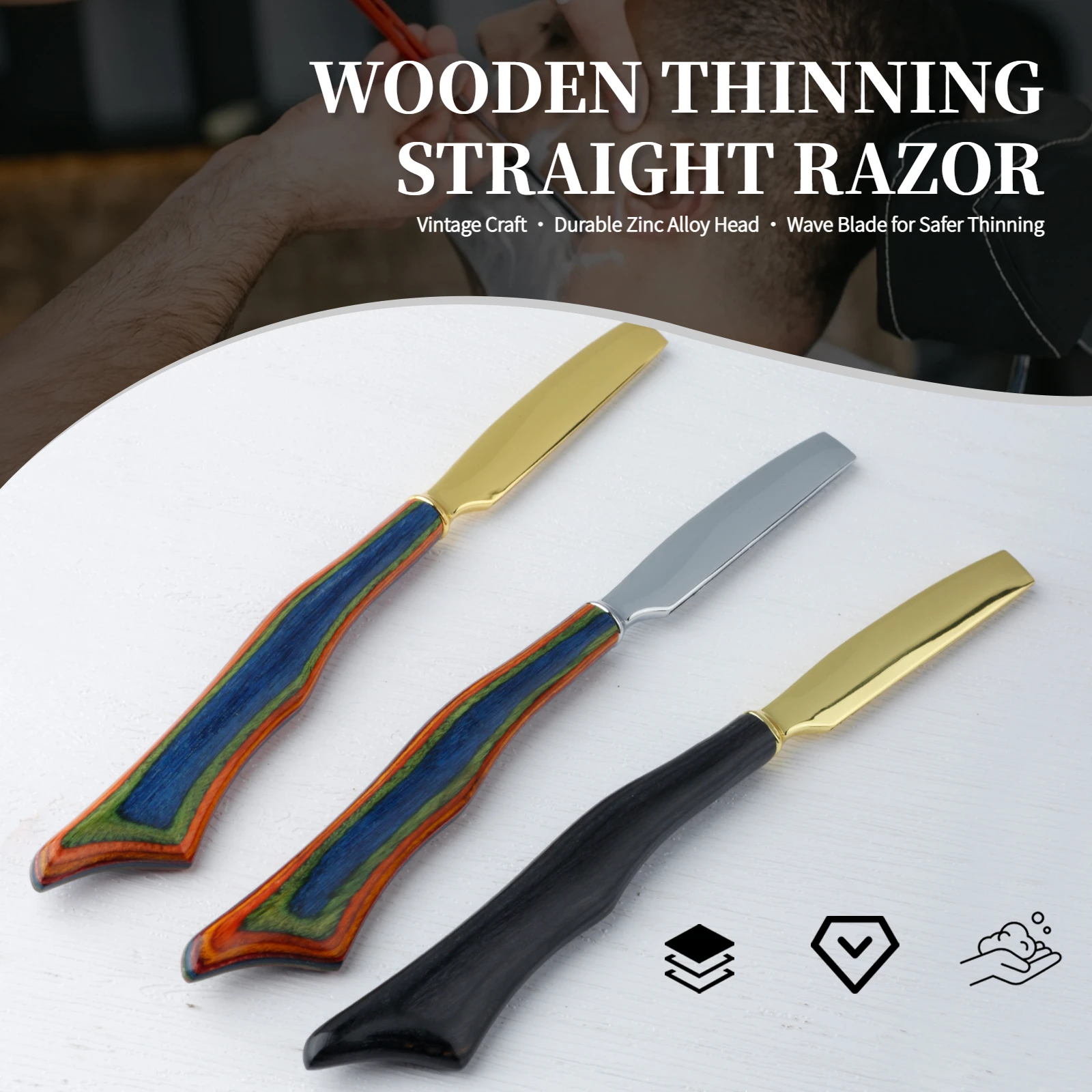 1Pc  Color Wood Handle Pro Barber Thinning Razor Straight Beard Shaving Razors Zinc Alloy Hair Cutting Knives Holder Salon Tools