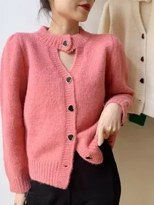 

Autumn Winter Women's Bubble Sve Knitted Sweater Sweet Youthful Heart Bule Hollow out Design Open Cardigan Korean Sle ...