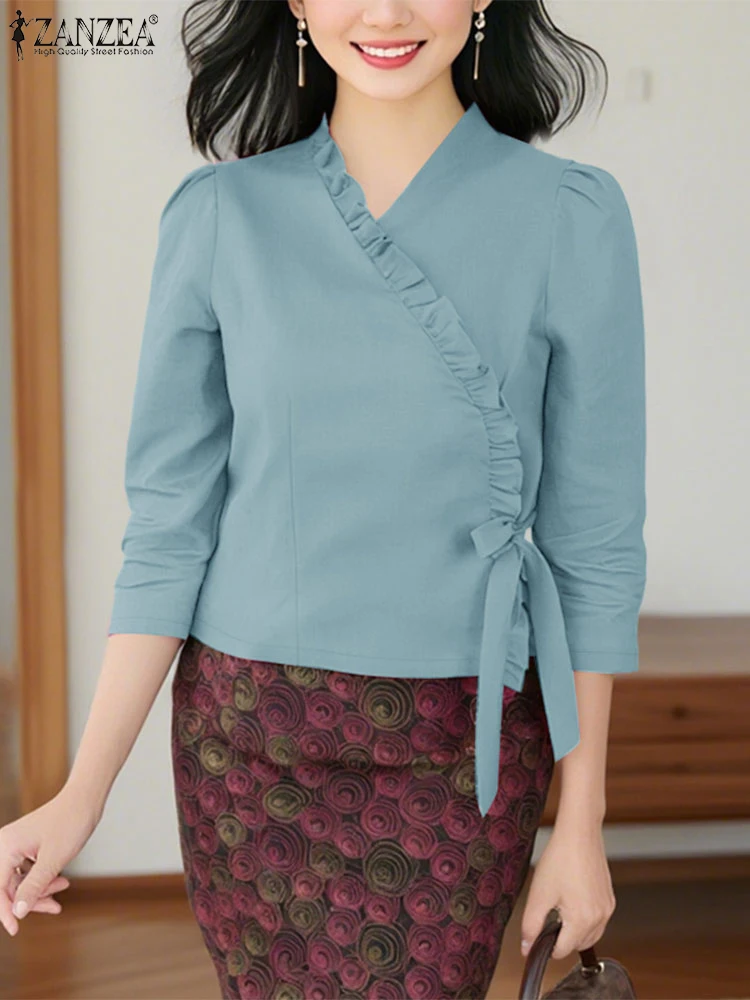 بلوزة نسائية لعام 2025 بأكمام طويلة ورقبة على شكل V من ZANZEA بلوزة خريفية أنيقة متينة قميص عمل غير رسمي برباط علوي للعطلات Blusas Mujer #5