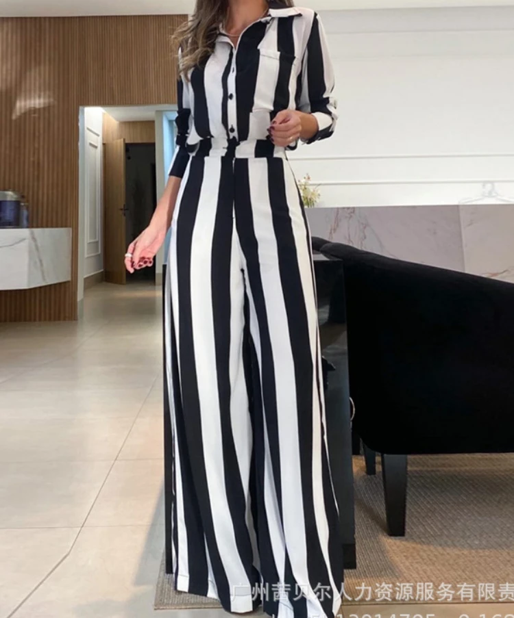 Striped Pocket Design Shirt & Wide Leg Pants Set Two Piece Set Women T Shirts Turn Down Collar Tops Trouser High Waist Pant Sets