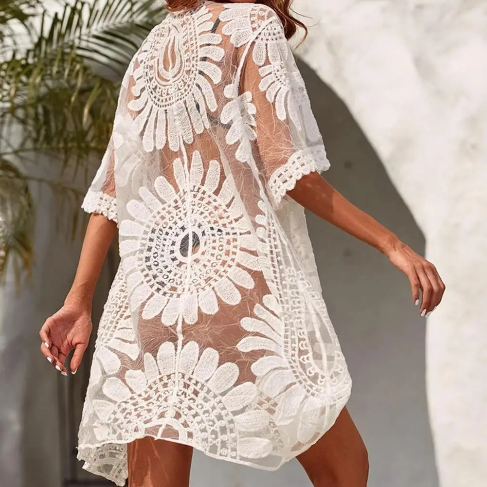 One Size  Chic Open Stitch Summer Beach Dress Perspective Summer Beach Cover Up Flower Embroidery   Female Garment