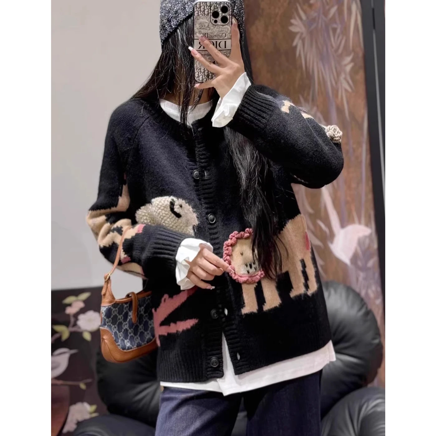 

100% pure cashmere sweater for women Autumn/Winter High-grade loose-thickened Zoo Europe Station short sweater knitted cardigan