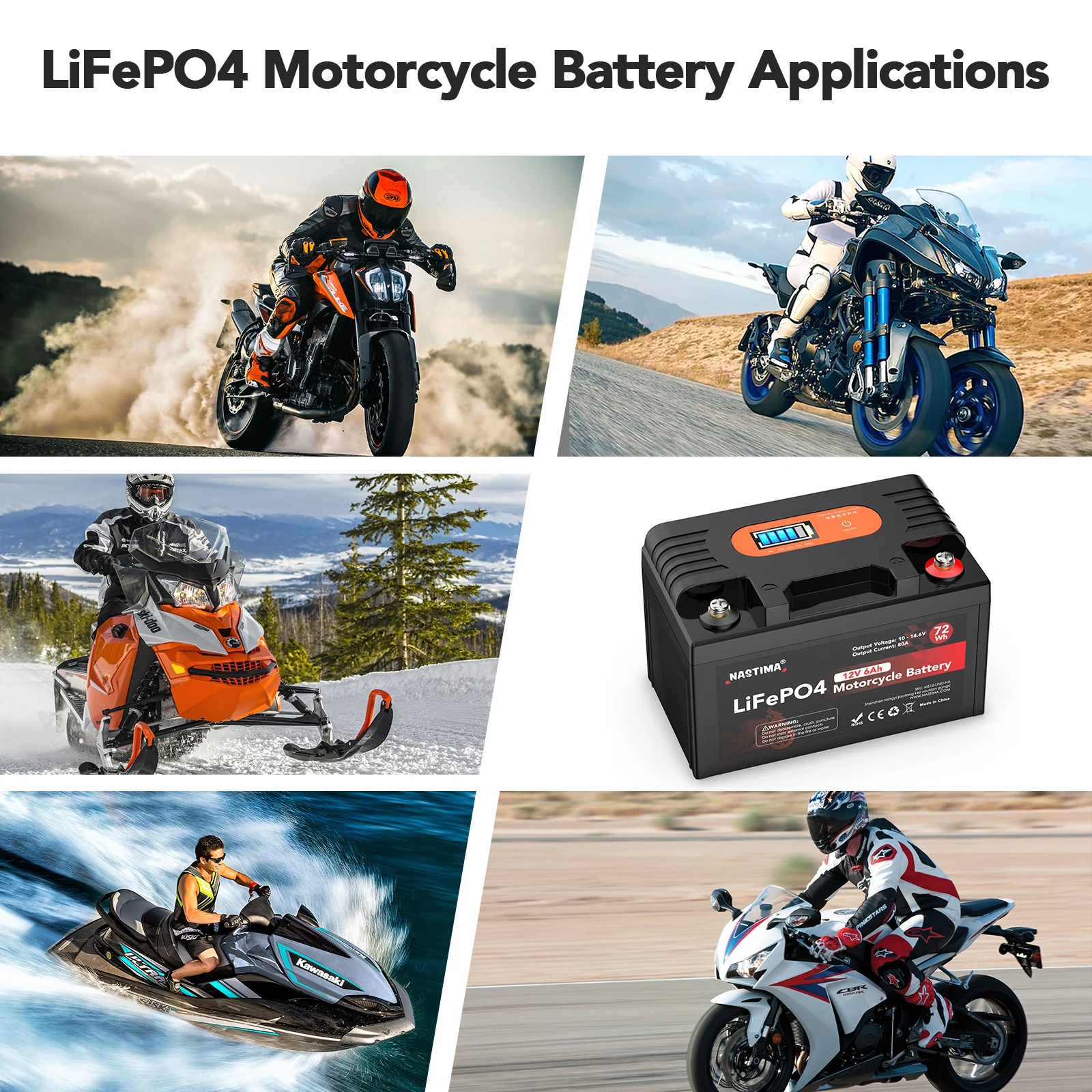 Nastima 12V 6Ah Lifepo4 Battery for Motorcycle YTX7A-BS LiFePO4 Motorcycle Starter Battery for Mopeds, Scooters, Snowmobiles