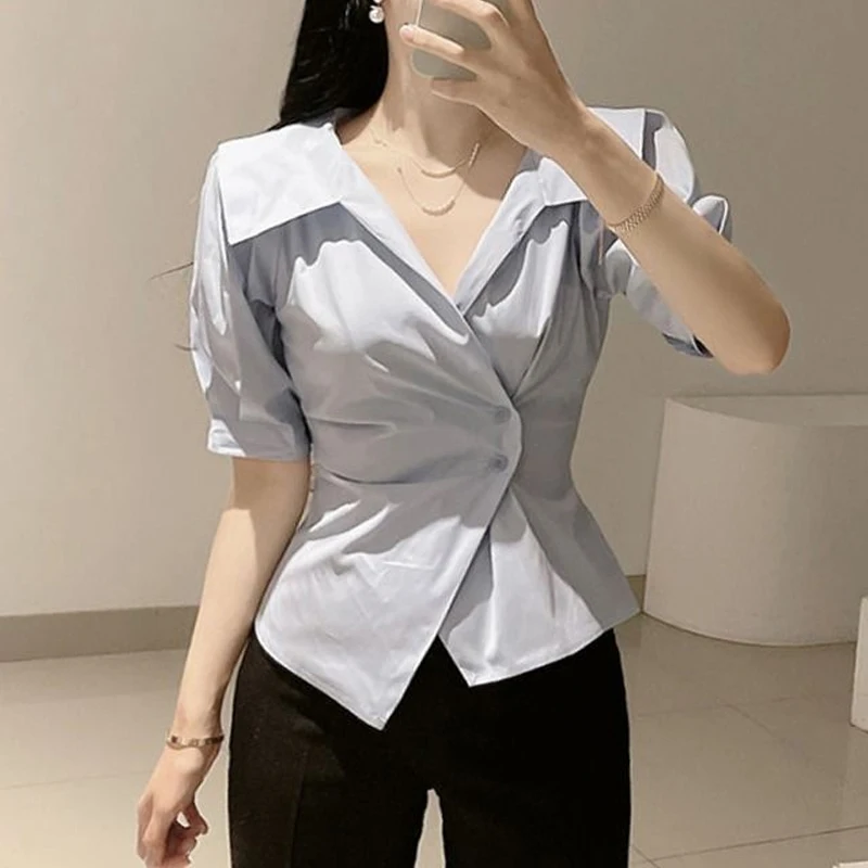 Temperament Polo Neck Irregular Shirt Tops Summer New Short Sleeve Slim All-match Korean Blouse Fashion Elegant Women Clothing