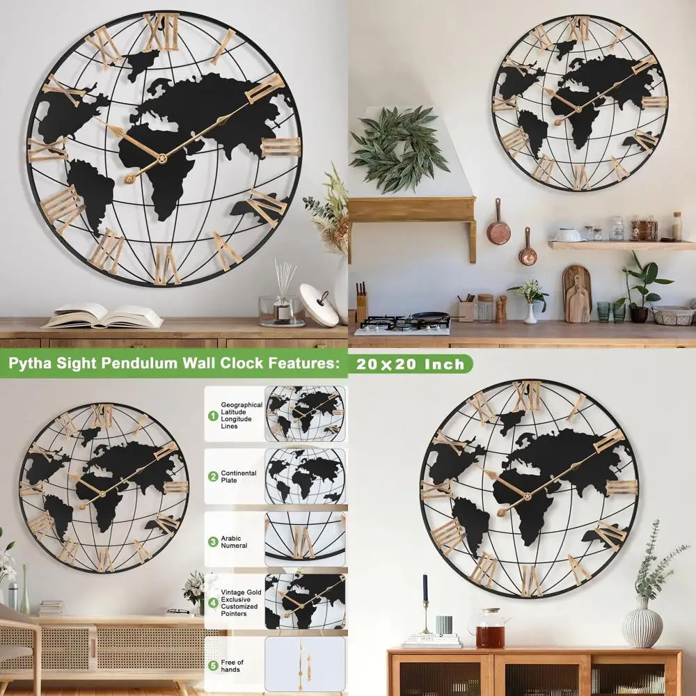 

20 Inch Modern Silent World Map Wall Clock with Vintage Gold Roman Numerals for Home and Office